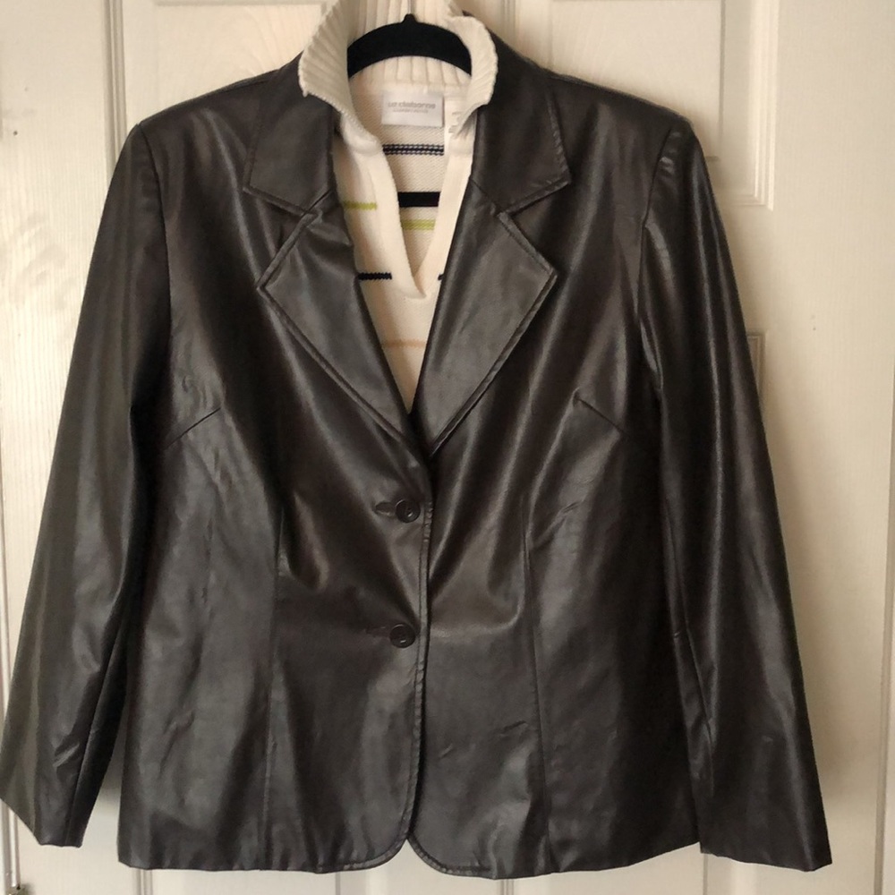 Faux Leather dark brown blazer jacket double button Women petite medium western - Picture 6 of 8